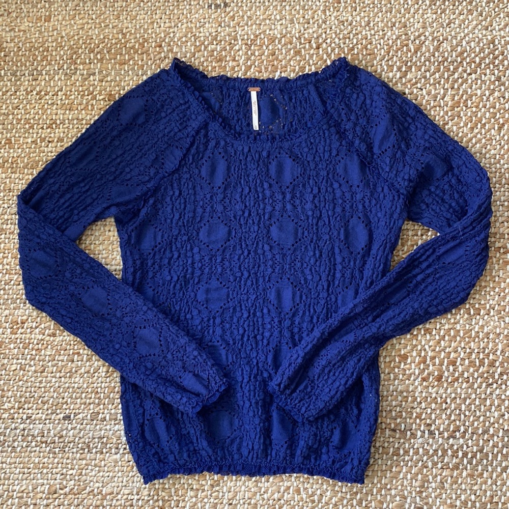 Free People Sunny Pucker Lace Top in Indigo Blue - Picture 2 of 8